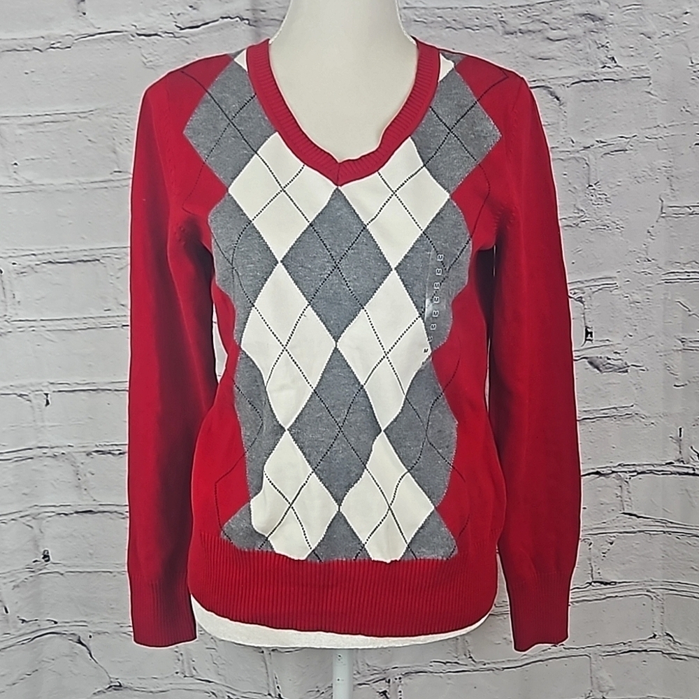 St John Bay Argyle V Neck Sweater Red Grey White Med NWT Cotton
